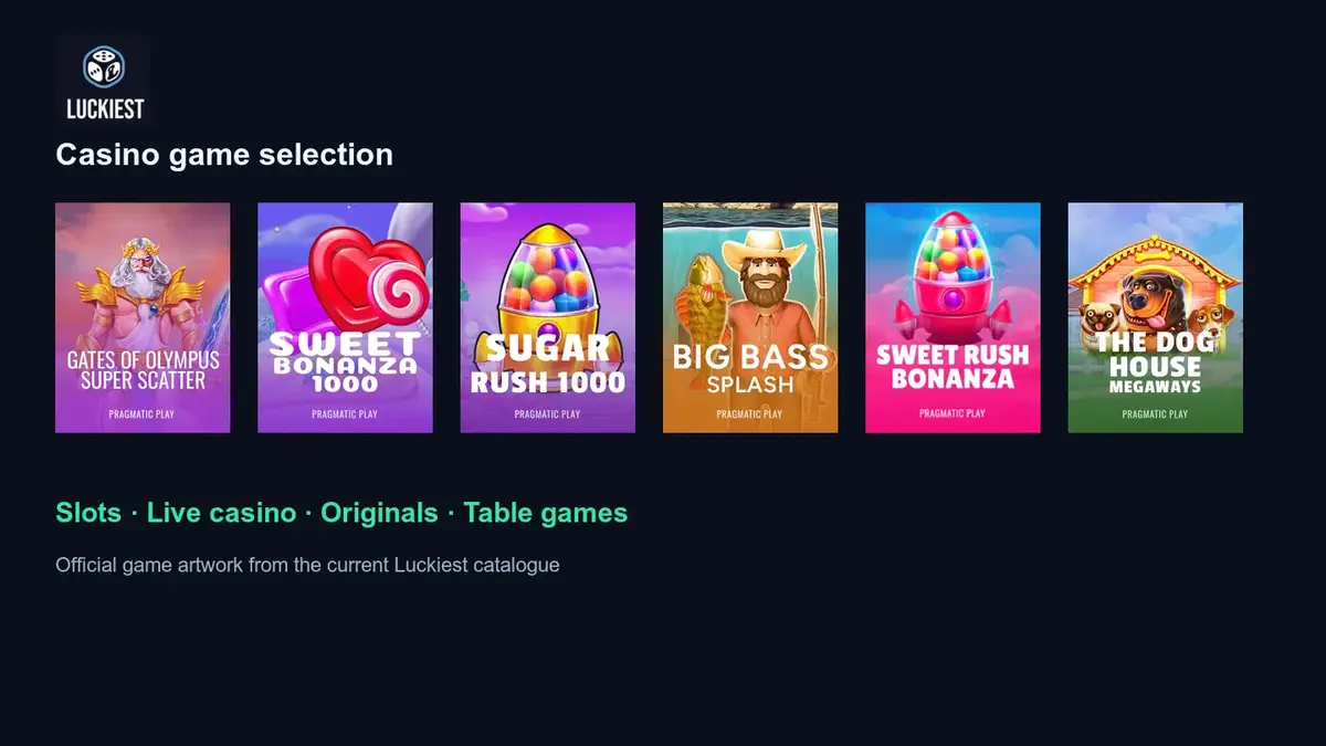 Luckiest mobile slot- og live casino-lobby