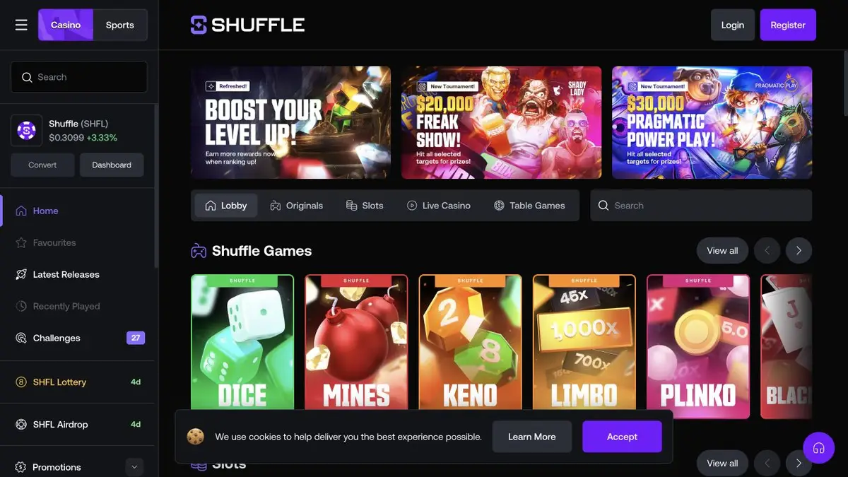 Shuffle brugerflade og casinospil