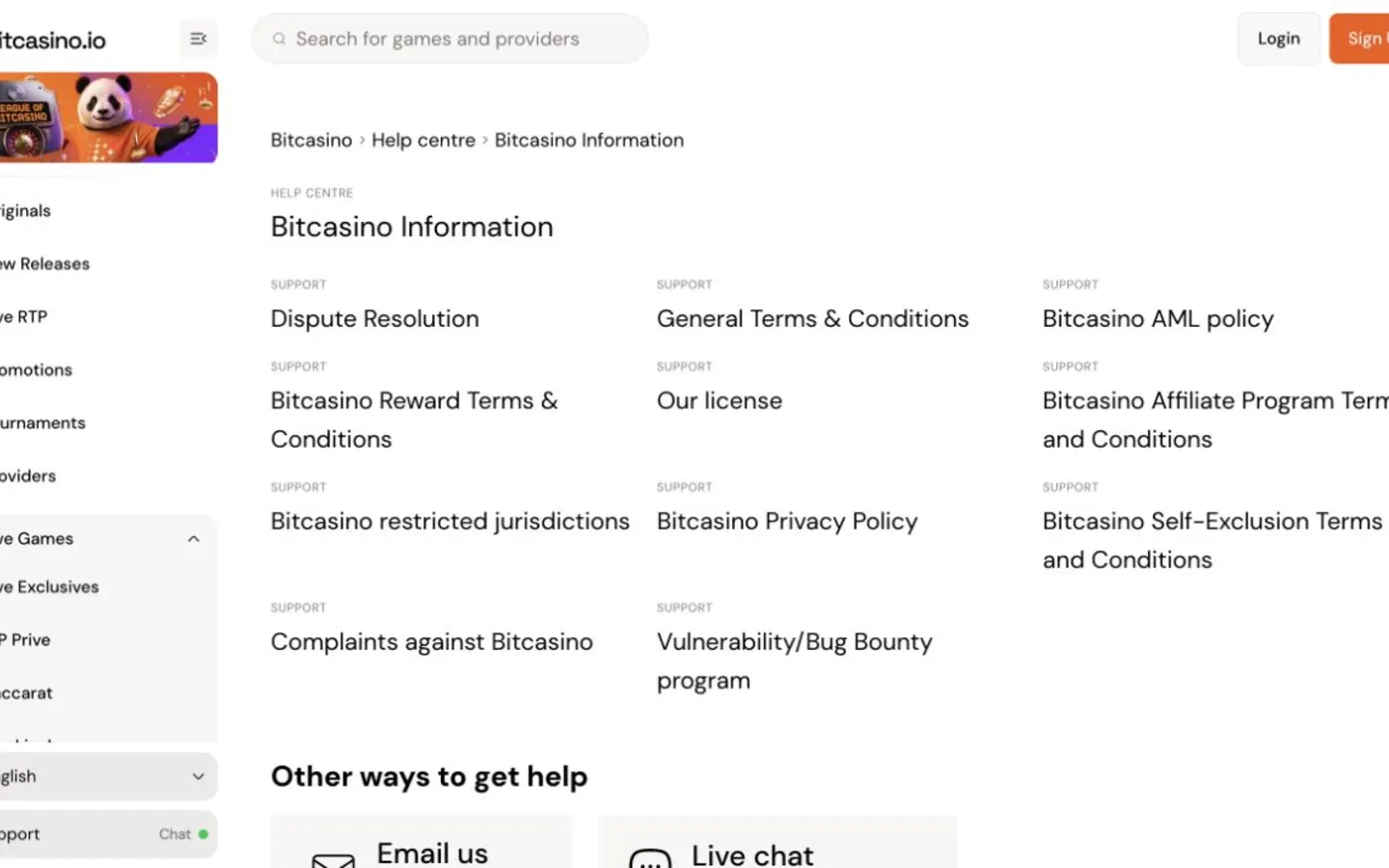 Bitcasino.io kasse, spil eller kontofunktioner